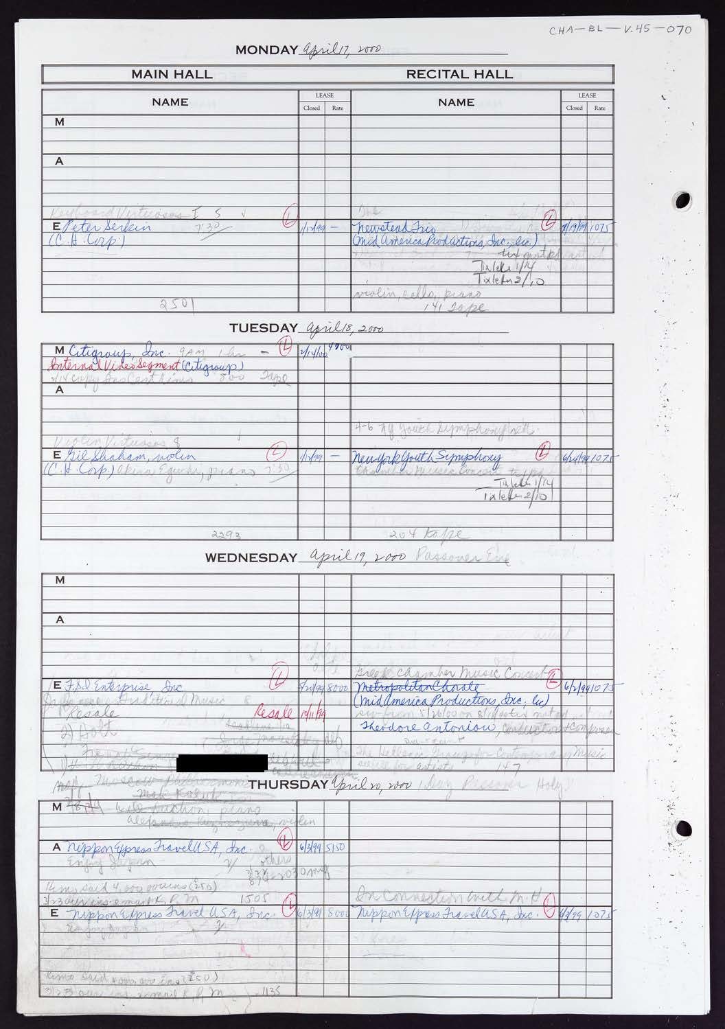 Carnegie Hall Booking Ledger, volume 45, page 70