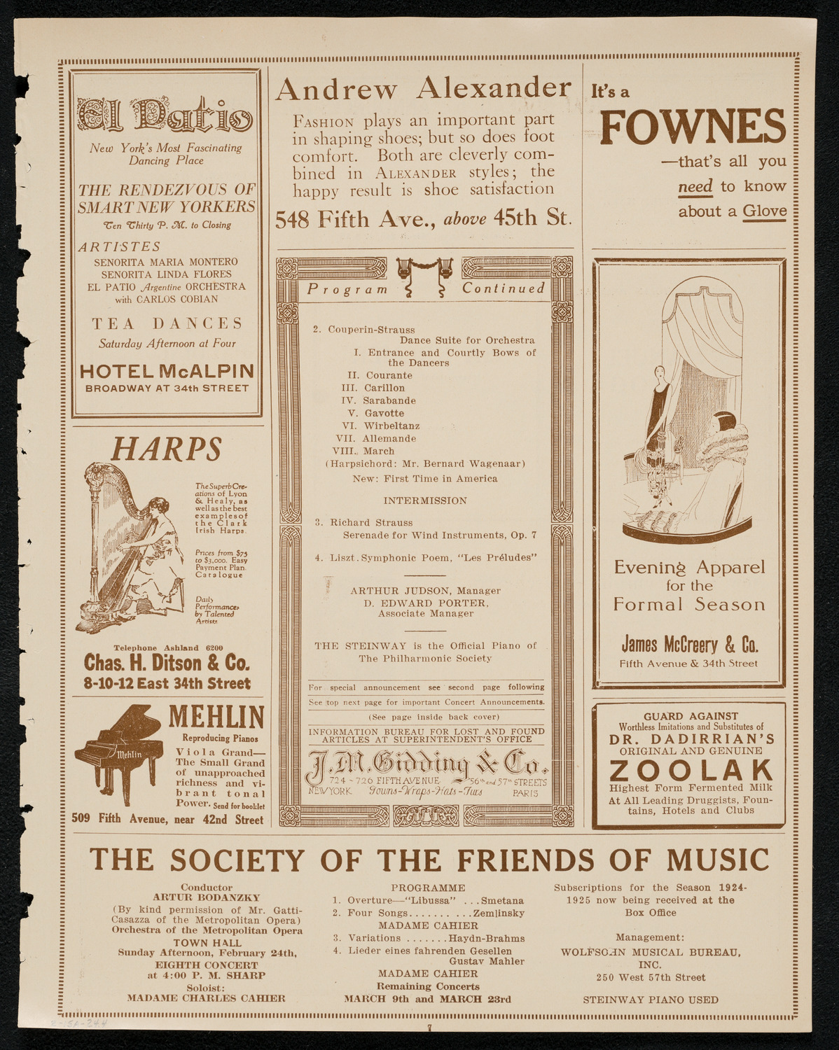 New York Philharmonic, February 15, 1924, program page 7