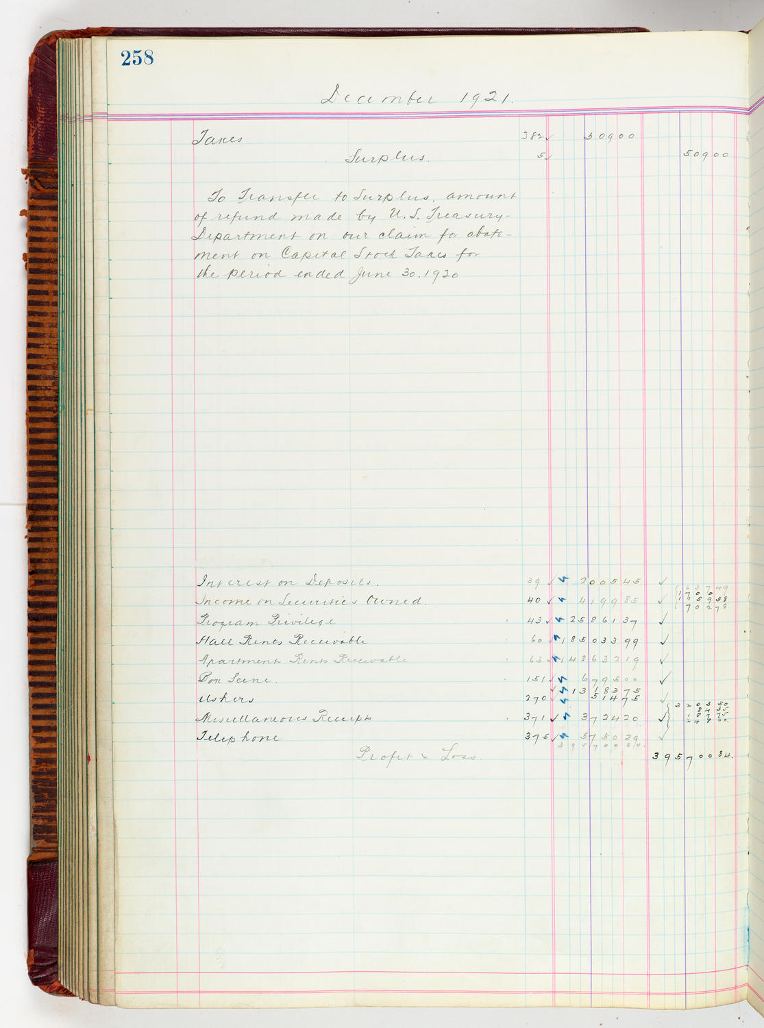 Music Hall Accounting Ledger, volume 5, page 258