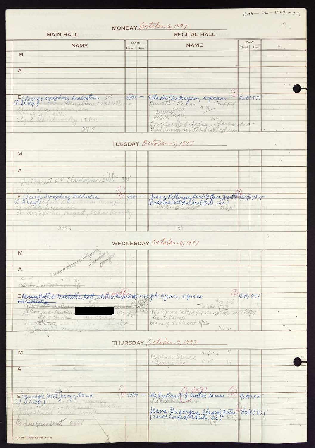 Carnegie Hall Booking Ledger, volume 43, page 14