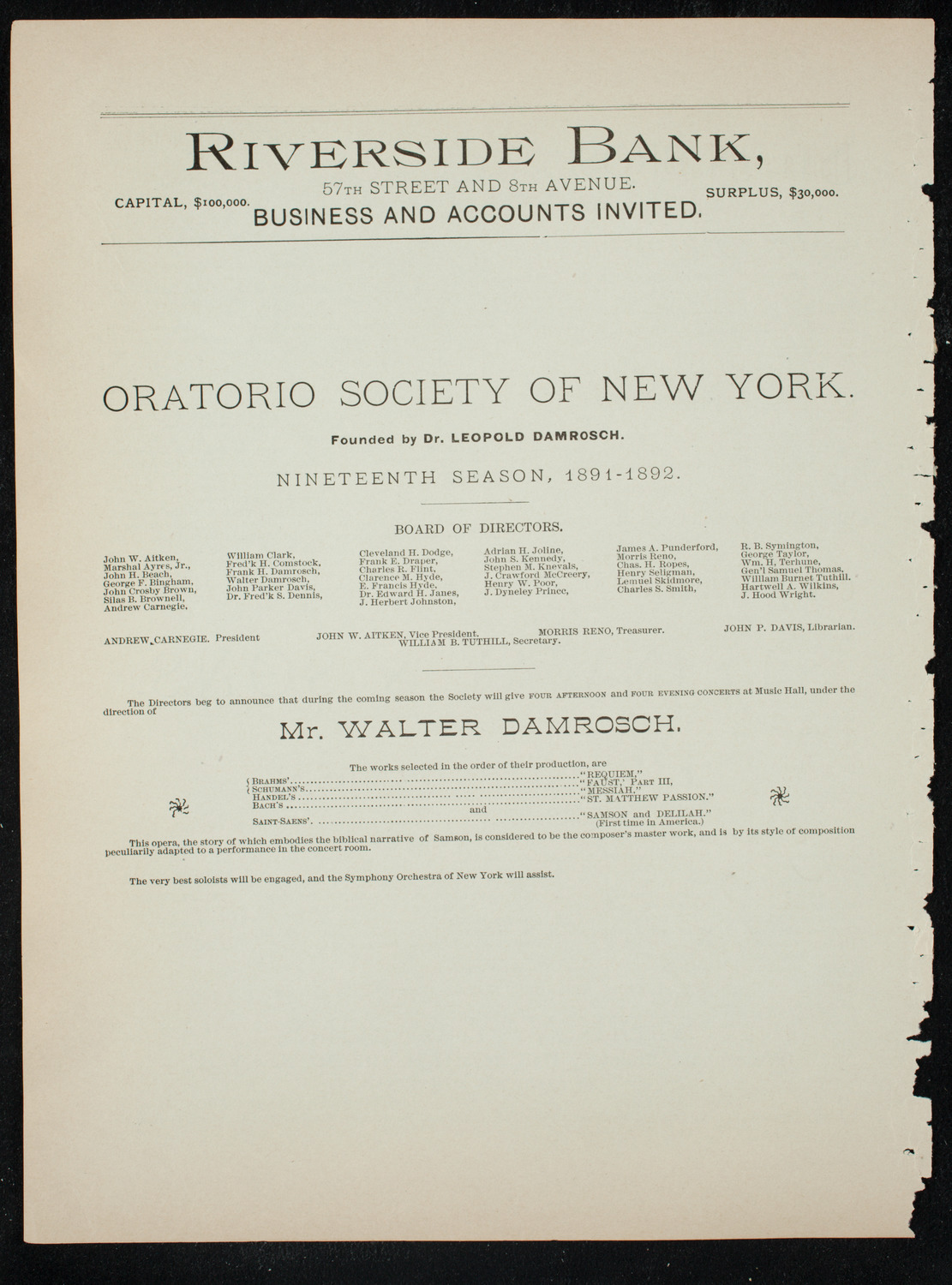 Oratorio Society of New York, November 27, 1891, program page 8