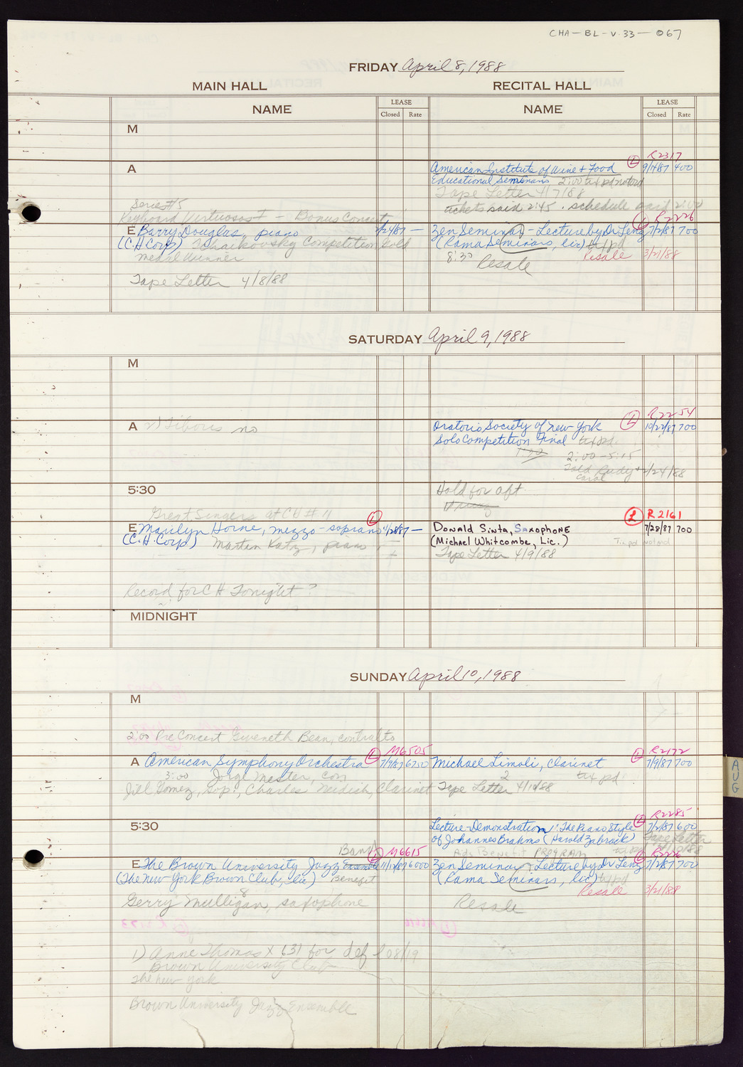 Carnegie Hall Booking Ledger, volume 33, page 67