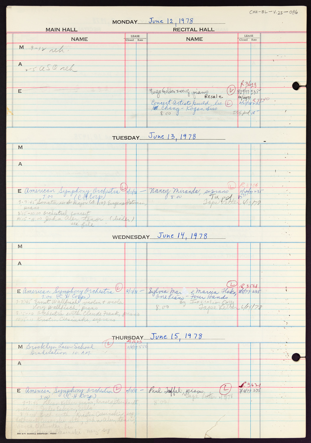 Carnegie Hall Booking Ledger, volume 23, page 86