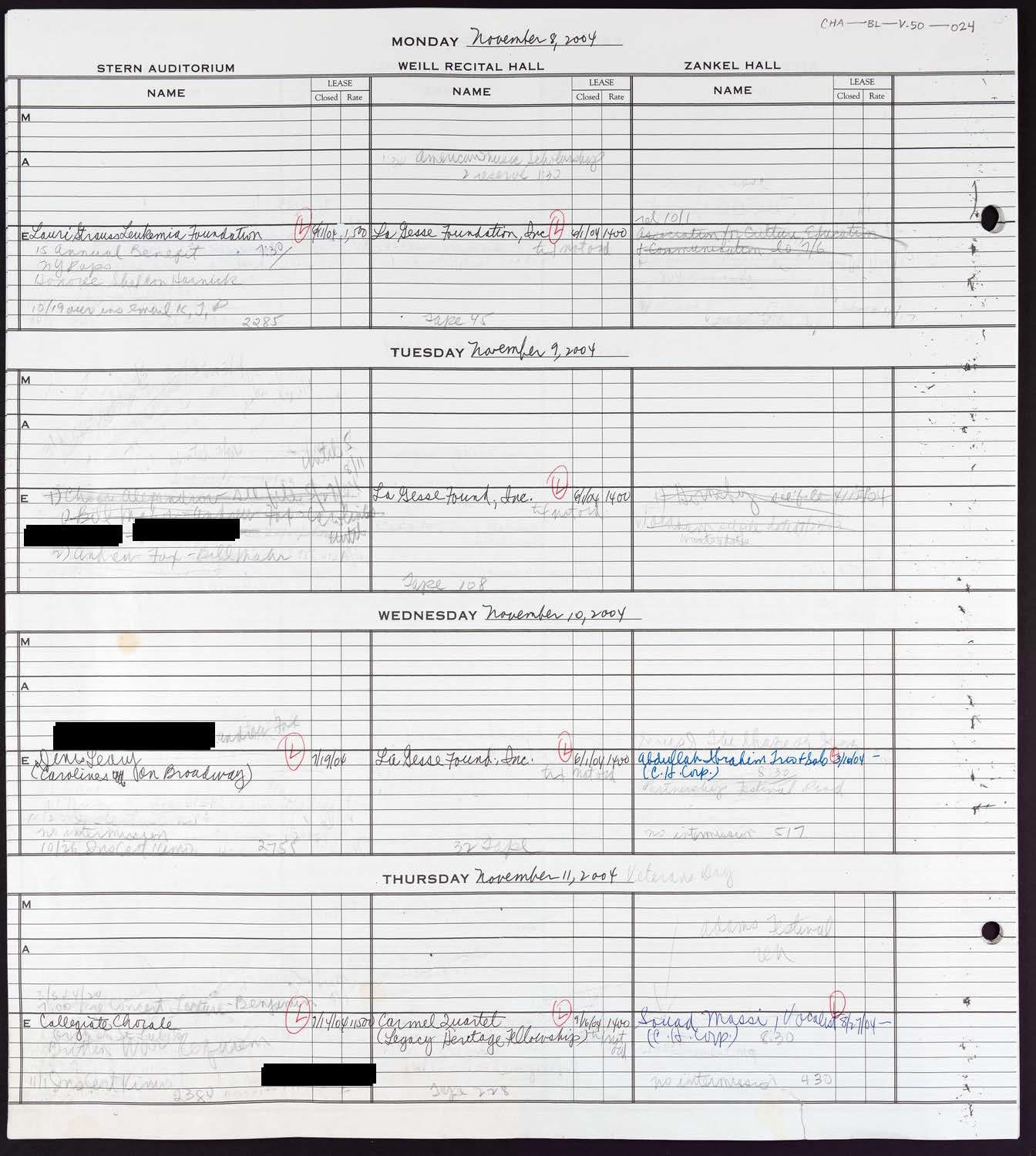 Carnegie Hall Booking Ledger, volume 50, page 24