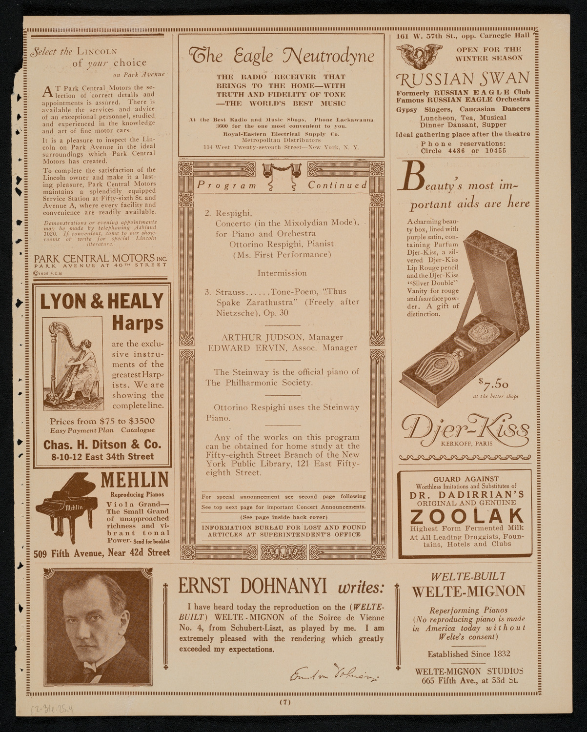 New York Philharmonic, December 31, 1925, program page 7