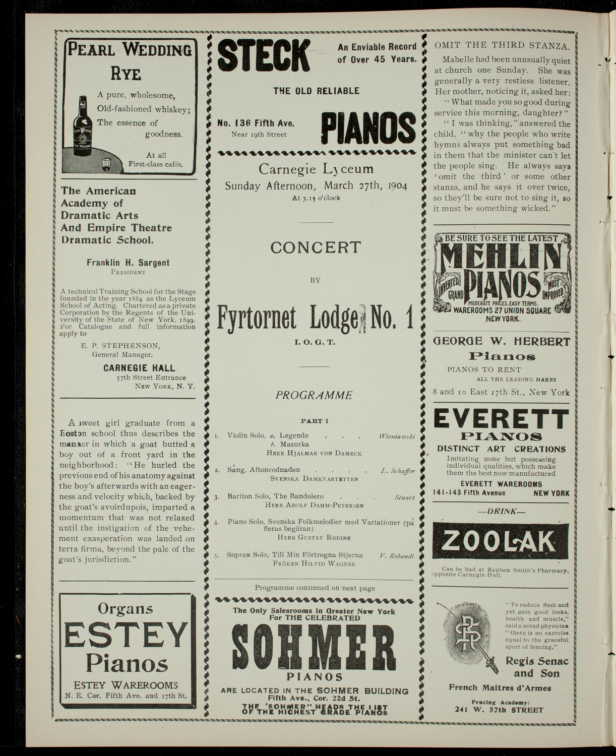 Concert by Fyrtornet Lodge No.1, March 27, 1904, program page 2