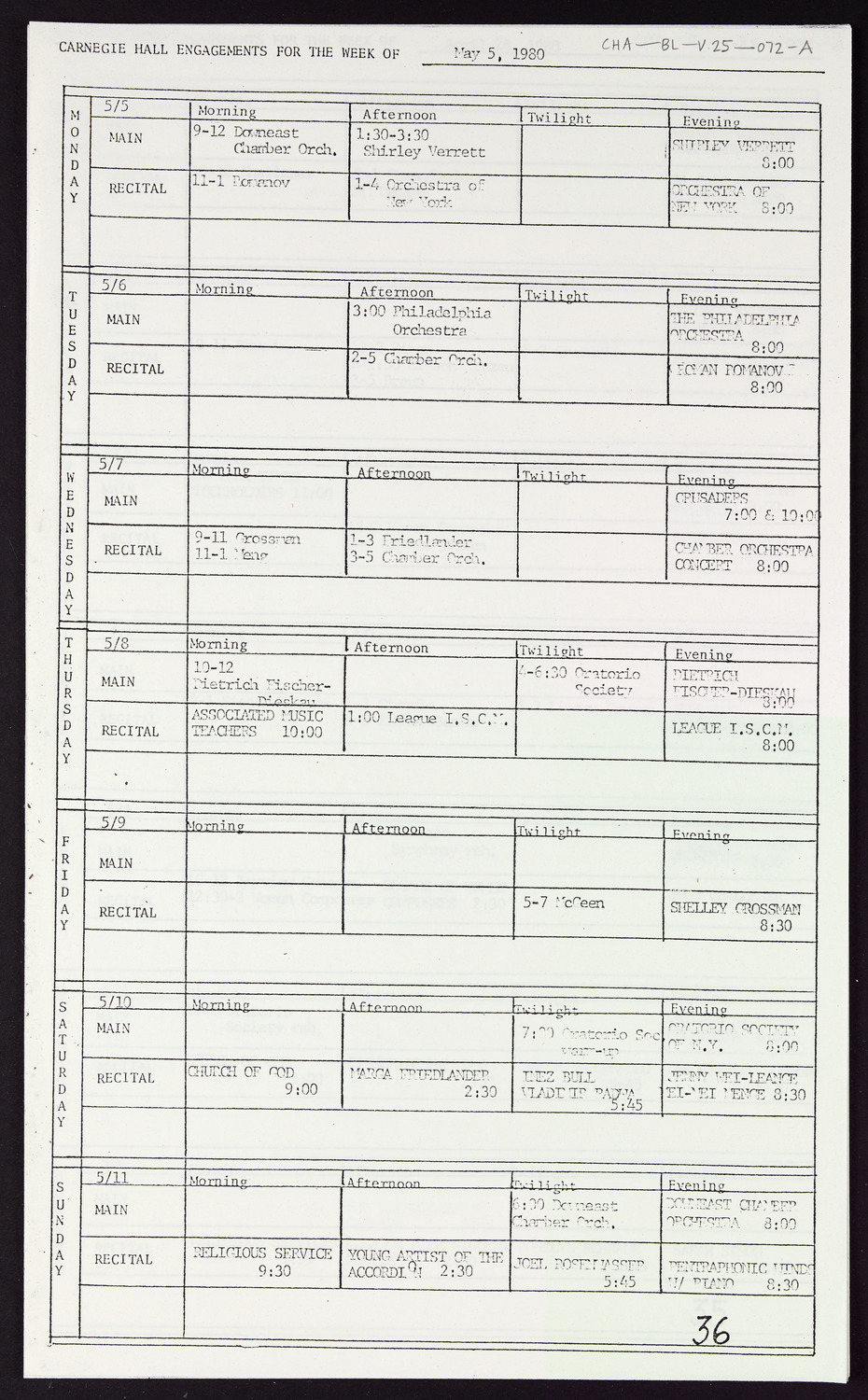 Carnegie Hall Booking Ledger, volume 25, page 72a