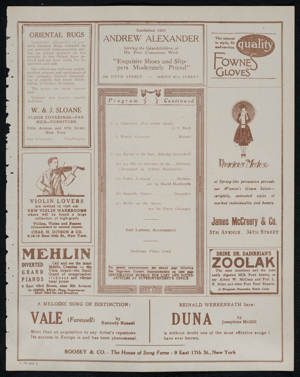Fritz Kreisler, Violin, February 15, 1921, program page 7