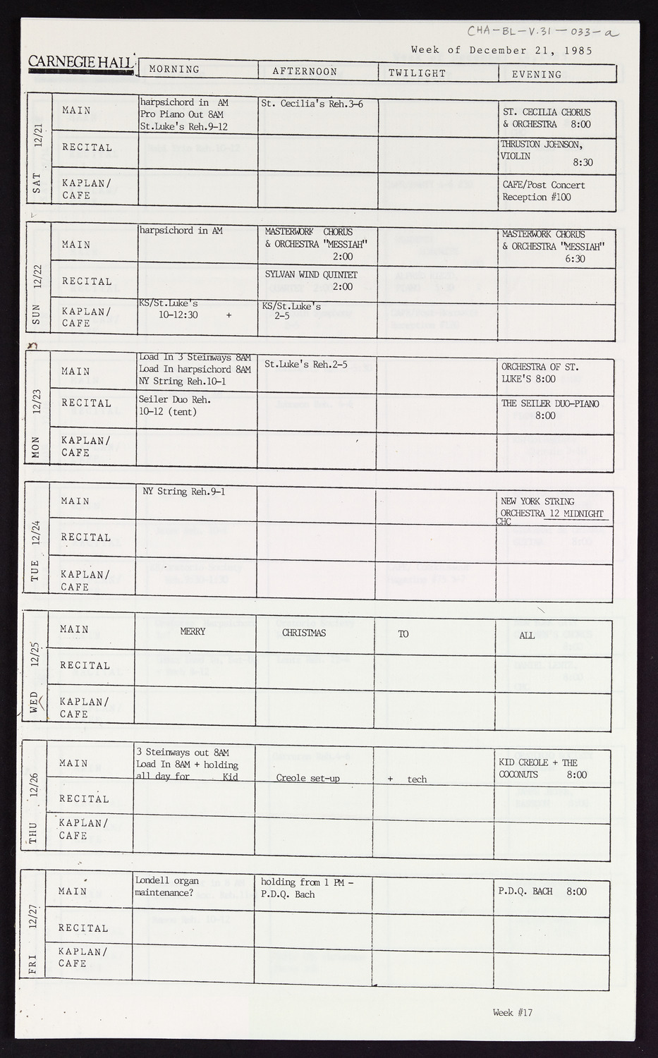 Carnegie Hall Booking Ledger, volume 31, page 33a