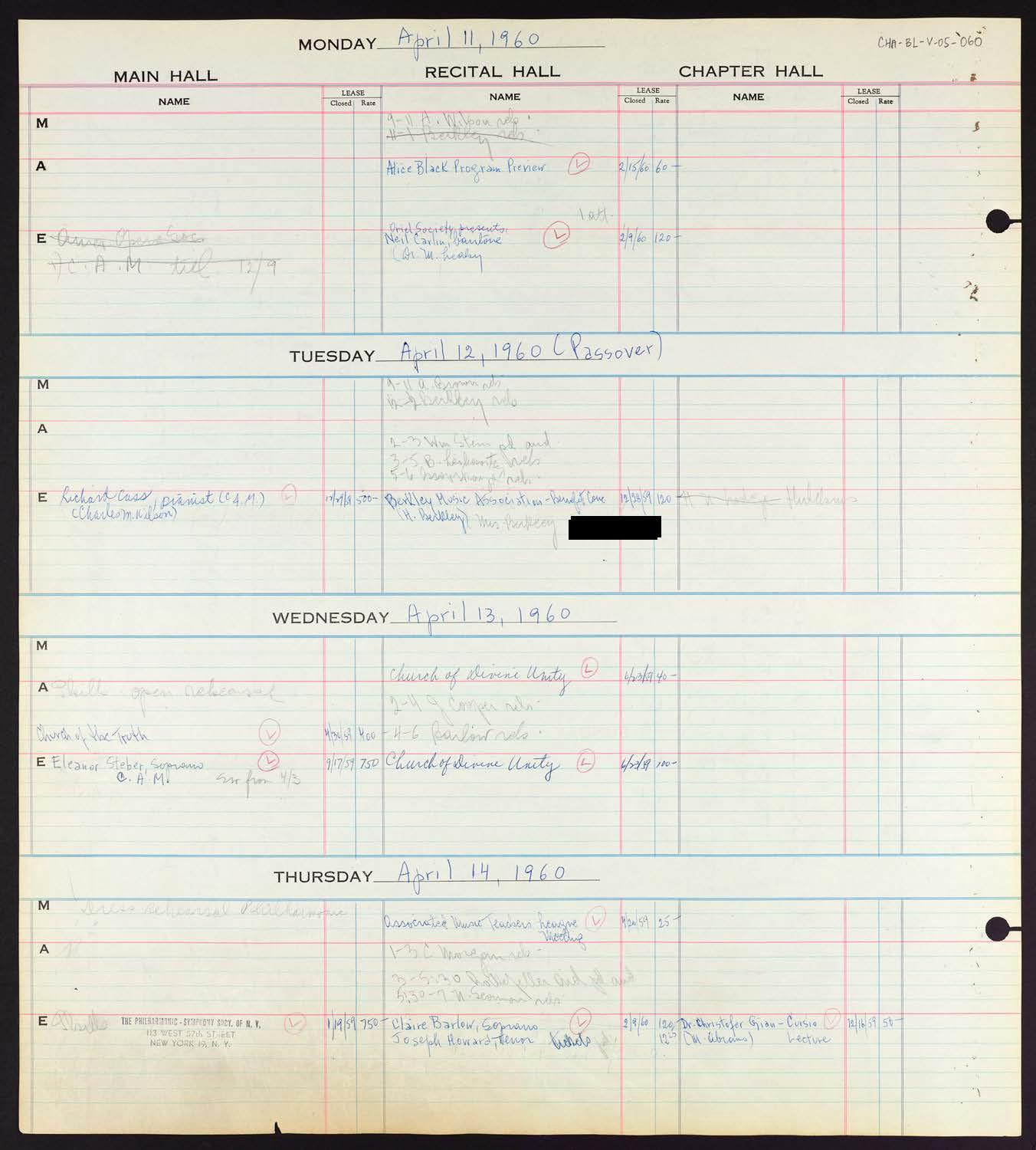 Carnegie Hall Booking Ledger, volume 5, page 60