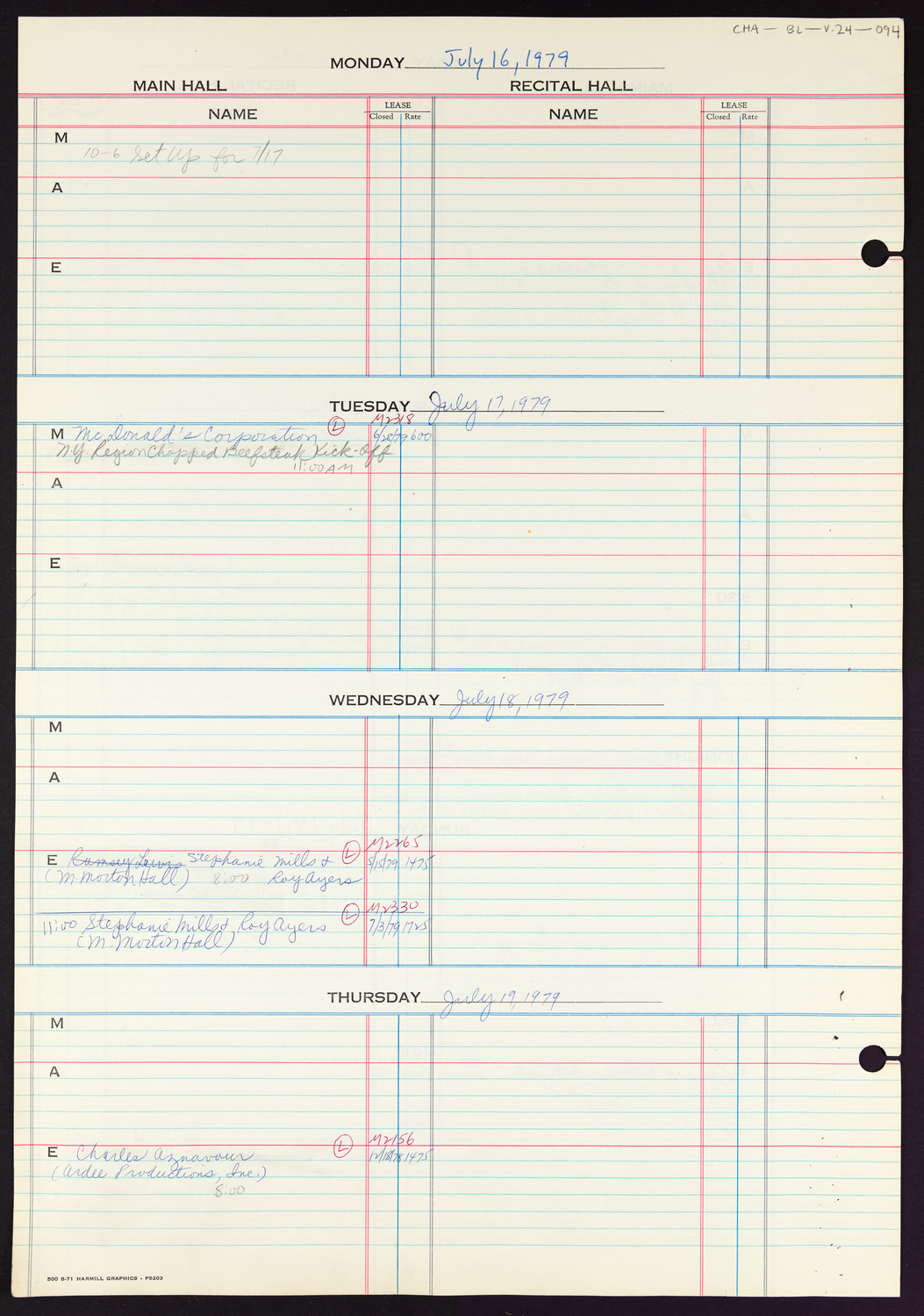 Carnegie Hall Booking Ledger, volume 24, page 94