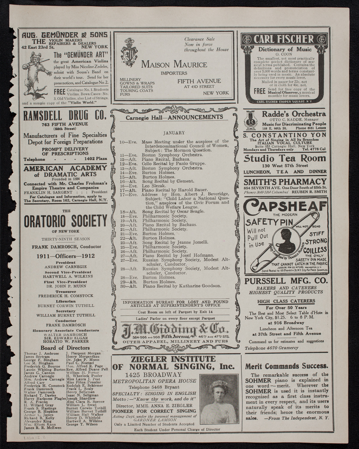 Alessandro Bonci, Tenor, January 10, 1912, program page 3