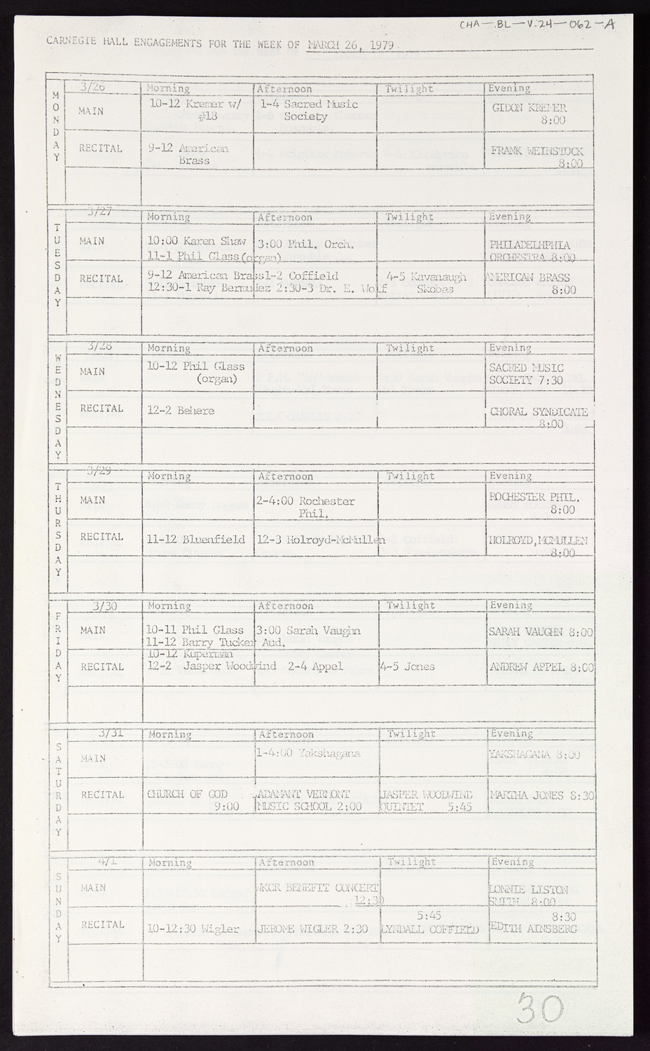 Carnegie Hall Booking Ledger, volume 24, page 62a