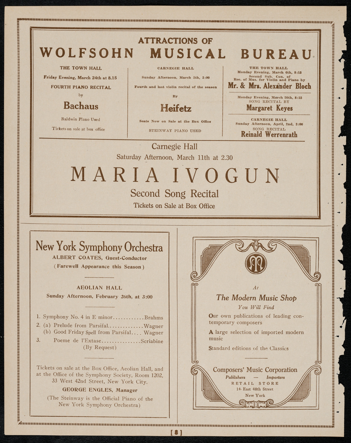 New York Philharmonic, February 24, 1922, program page 8