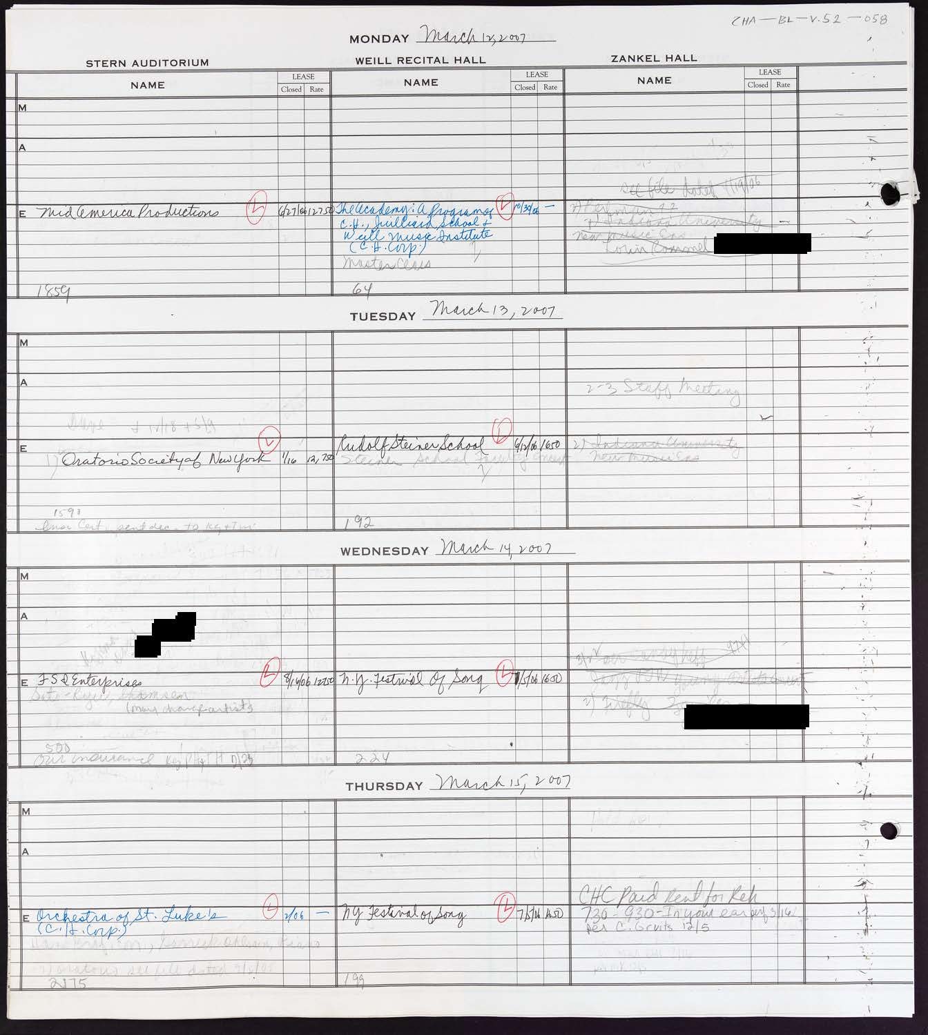 Carnegie Hall Booking Ledger, volume 52, page 58