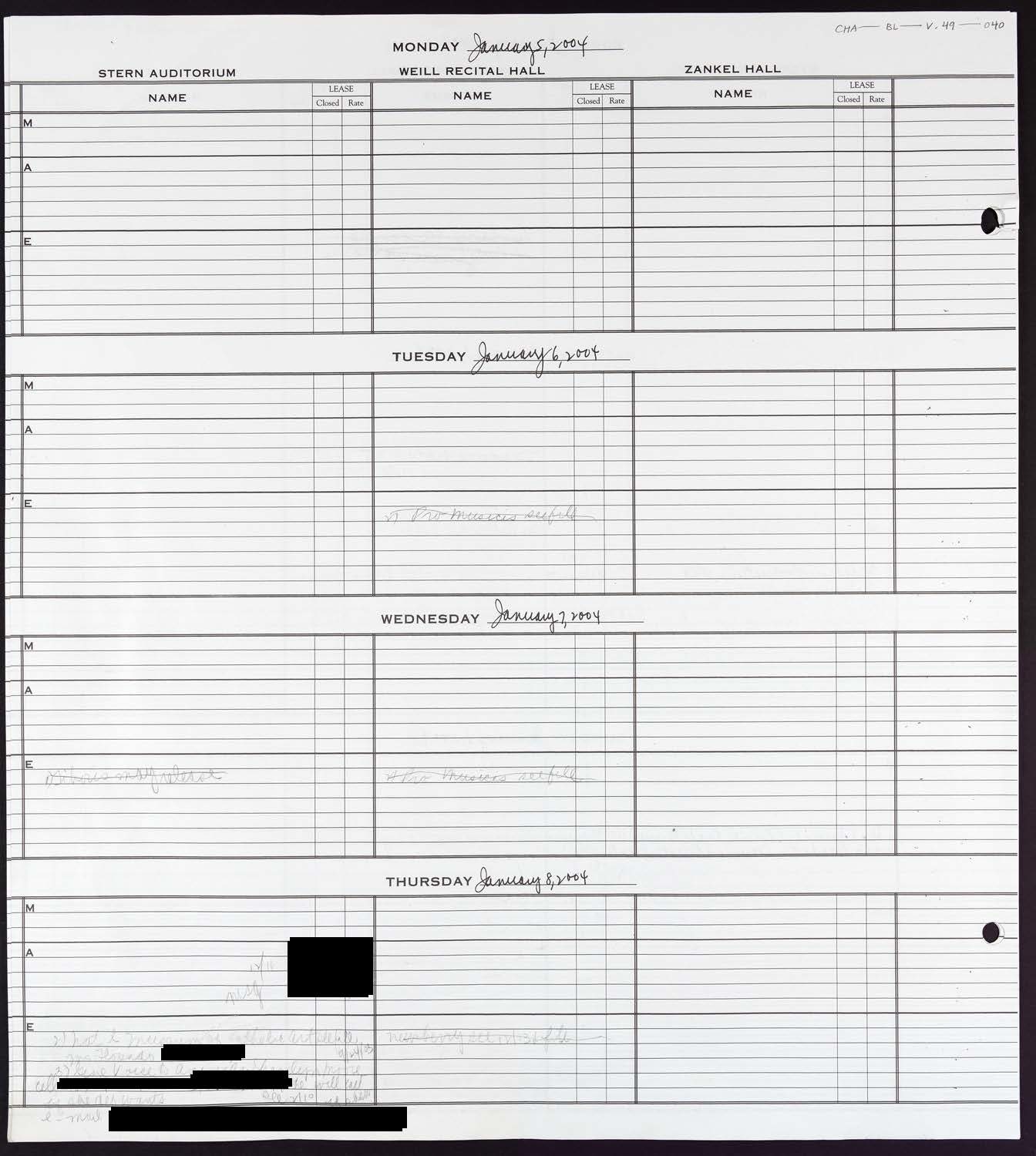 Carnegie Hall Booking Ledger, volume 49, page 40