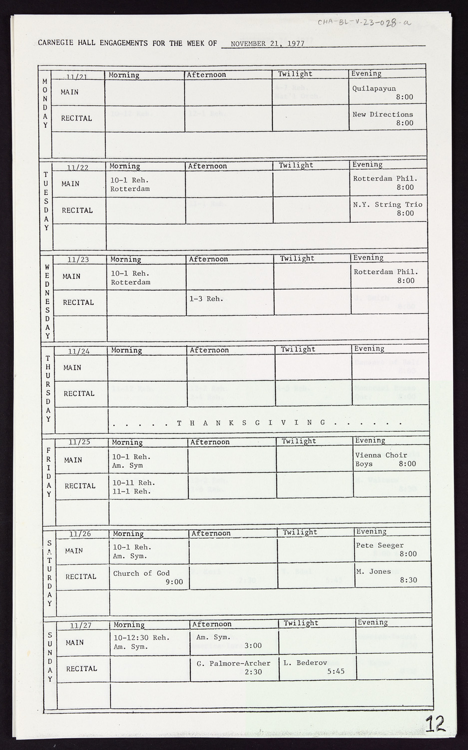 Carnegie Hall Booking Ledger, volume 23, page 28a