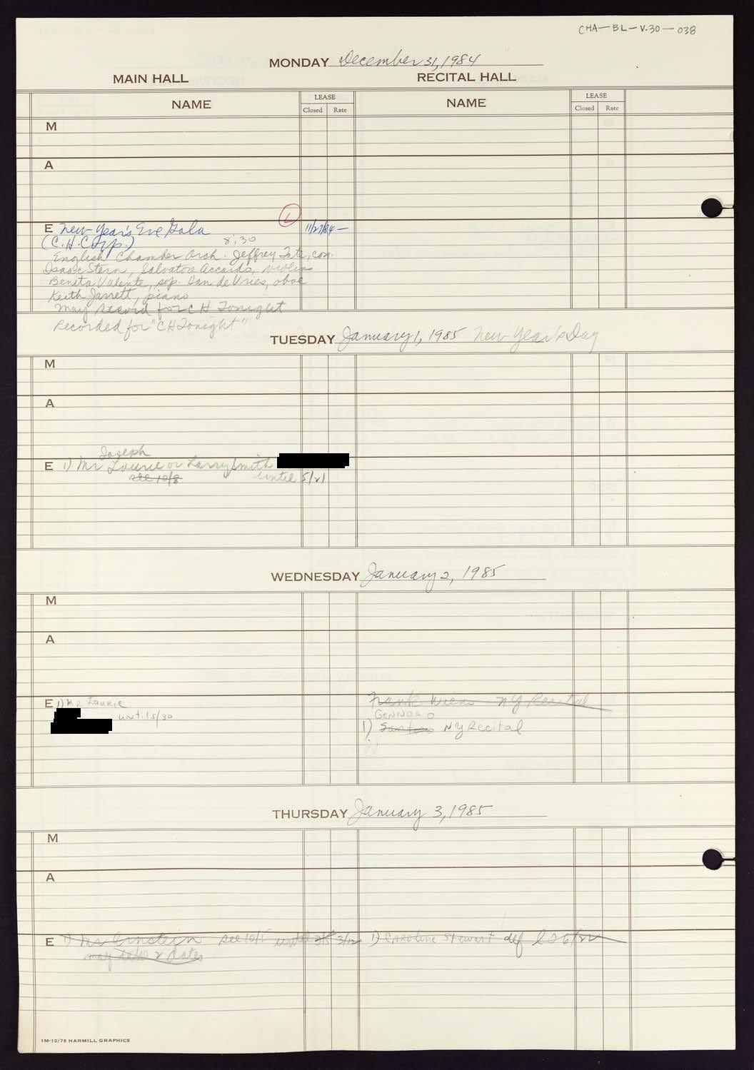 Carnegie Hall Booking Ledger, volume 30, page 38