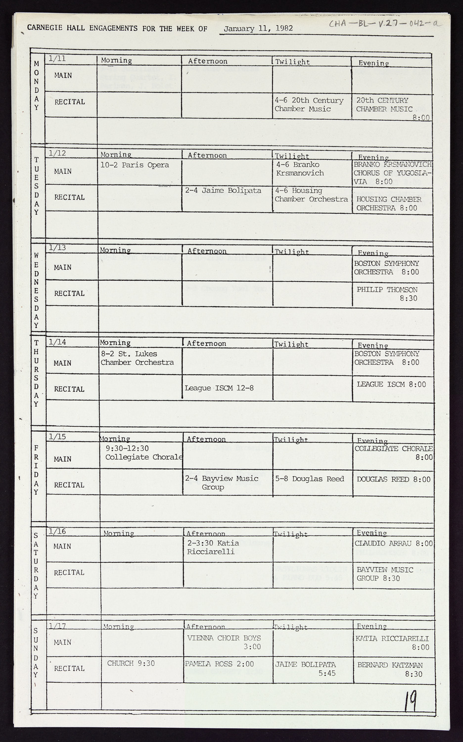 Carnegie Hall Booking Ledger, volume 27, page 42a