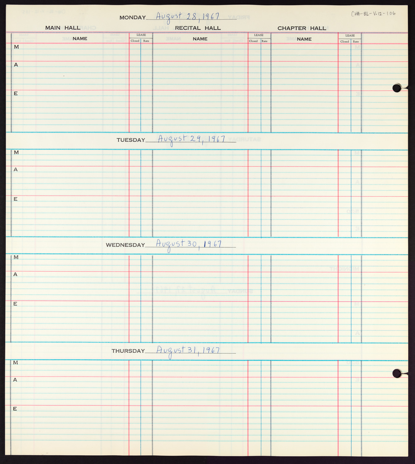 Carnegie Hall Booking Ledger, volume 12, page 106