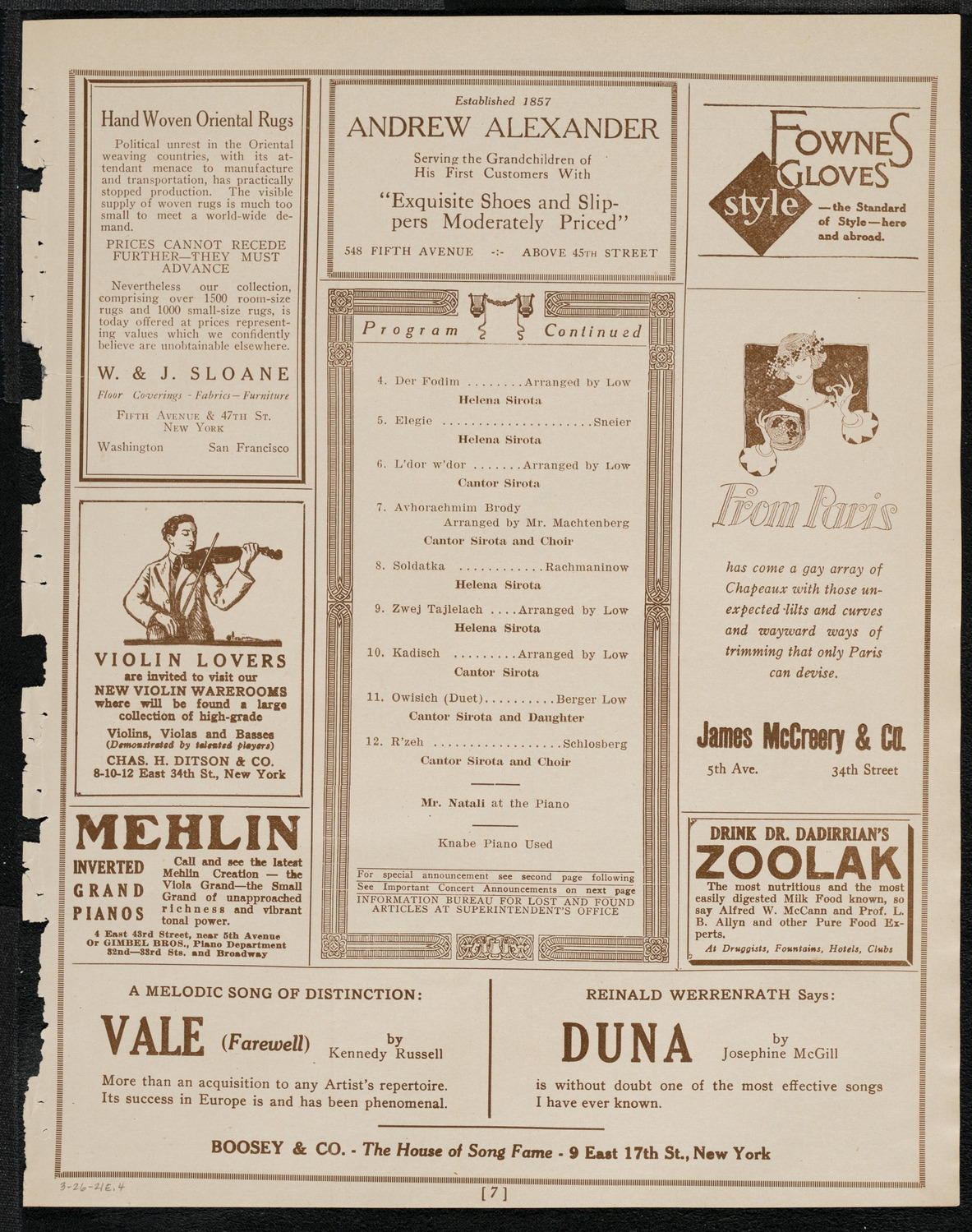 Cantor Sirota with Choir, March 26, 1921, program page 7