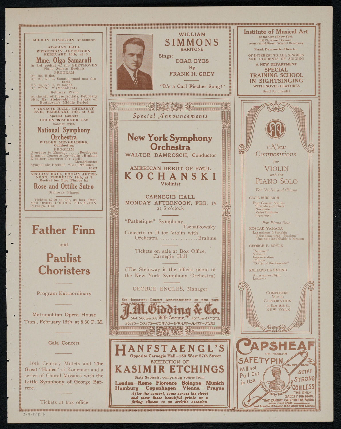 National Symphony Orchestra, February 9, 1921, program page 9