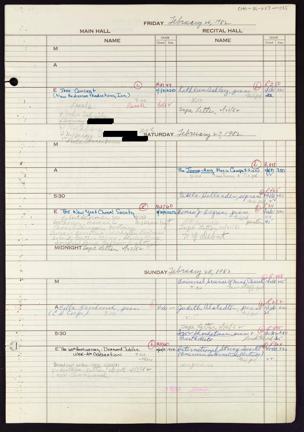 Carnegie Hall Booking Ledger, volume 27, page 55