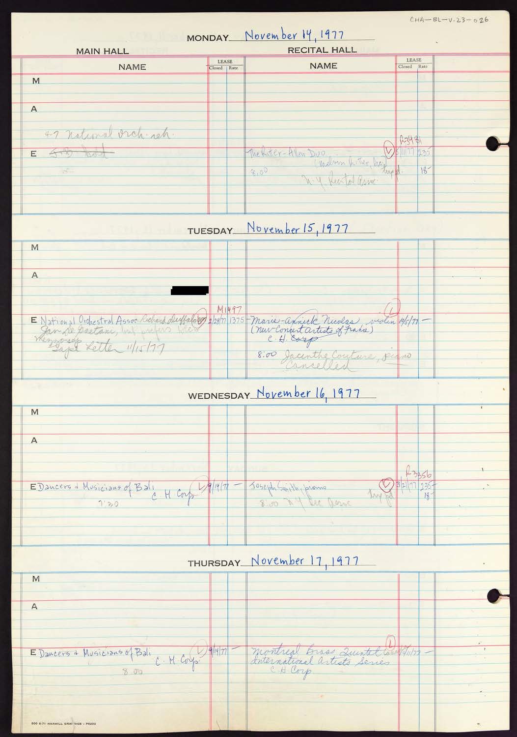 Carnegie Hall Booking Ledger, volume 23, page 26