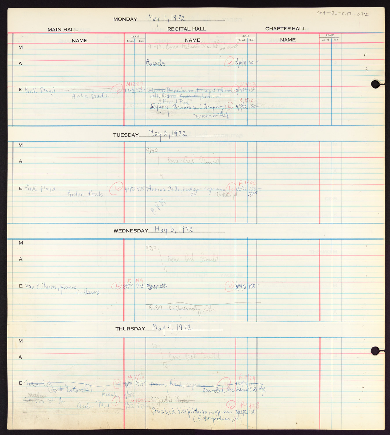 Carnegie Hall Booking Ledger, volume 17, page 72