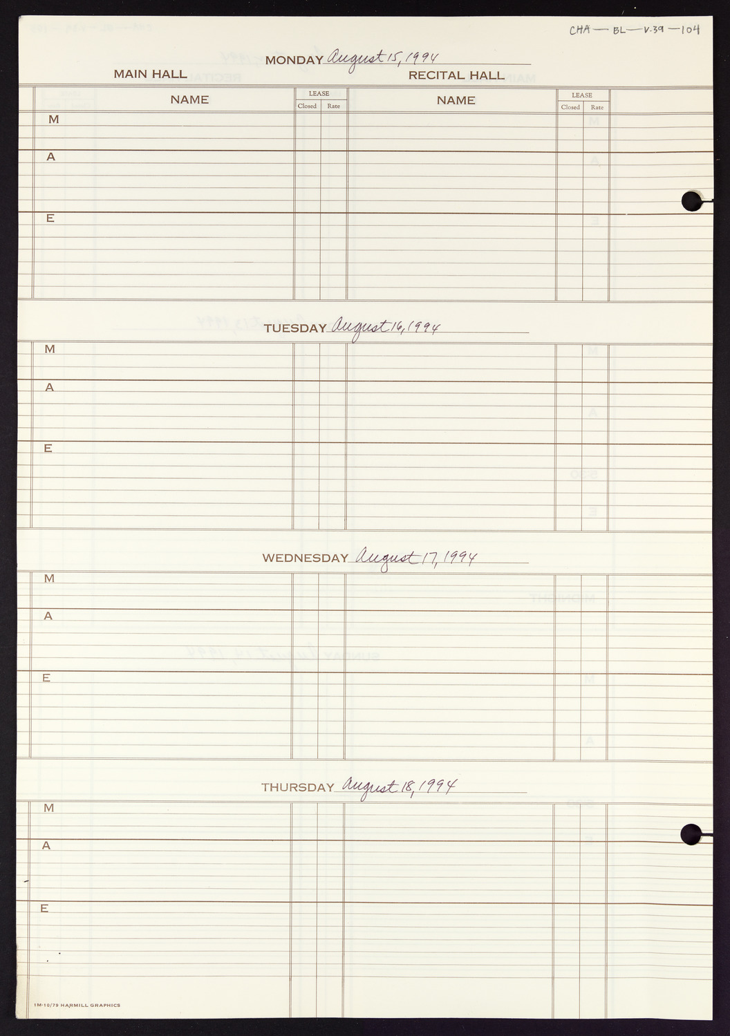 Carnegie Hall Booking Ledger, volume 39, page 104