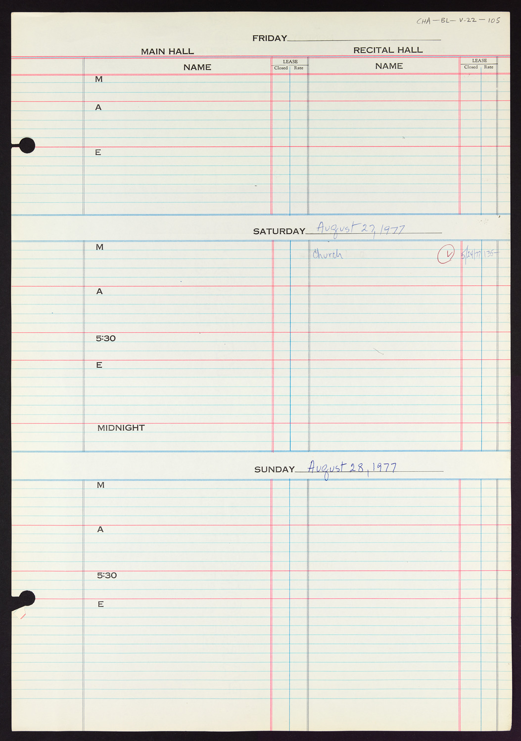 Carnegie Hall Booking Ledger, volume 22, page 105