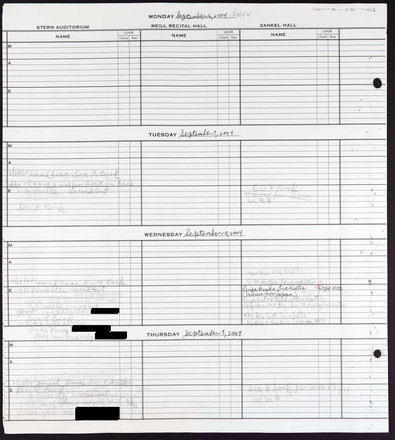 Carnegie Hall Booking Ledger, volume 50, page 6