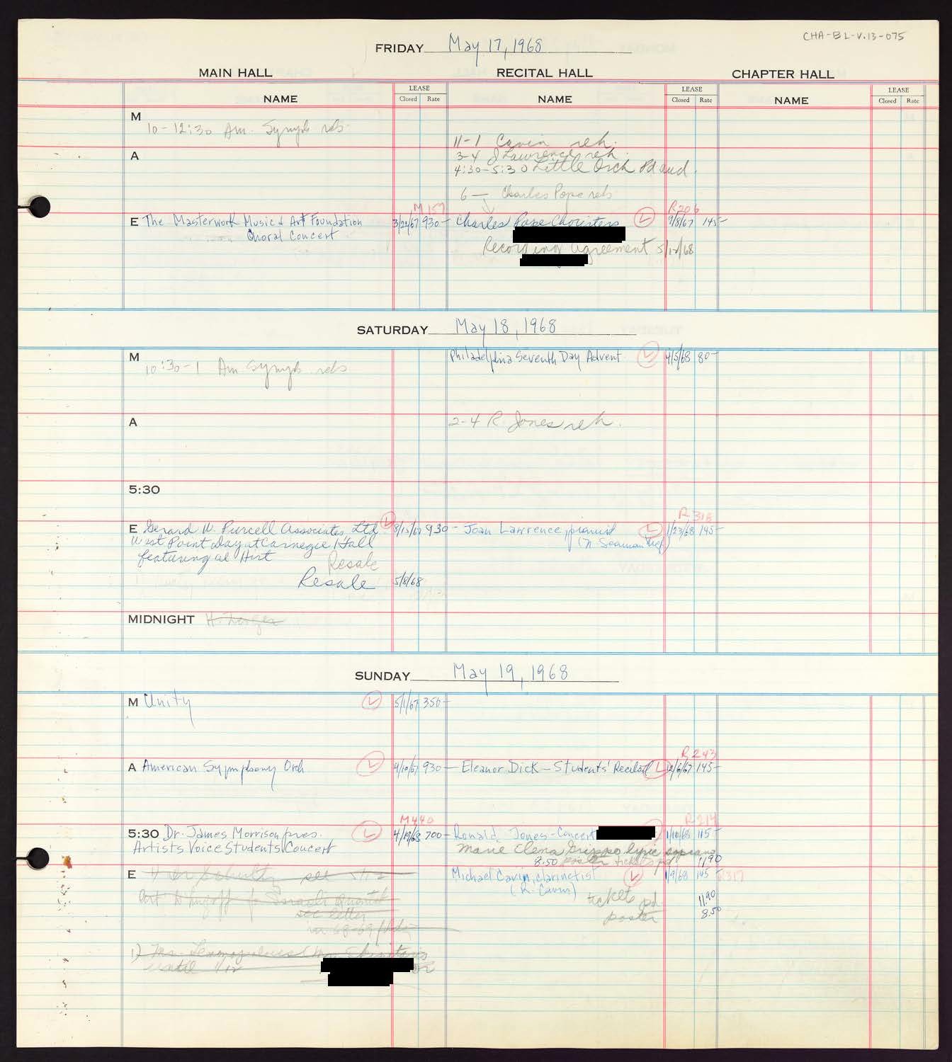 Carnegie Hall Booking Ledger, volume 13, page 75