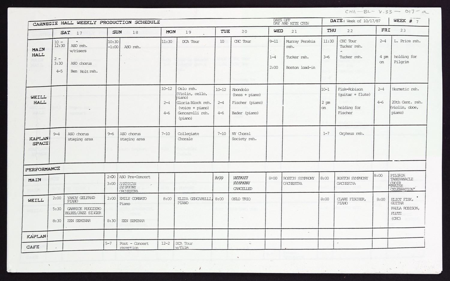 Carnegie Hall Booking Ledger, volume 33, page 17a