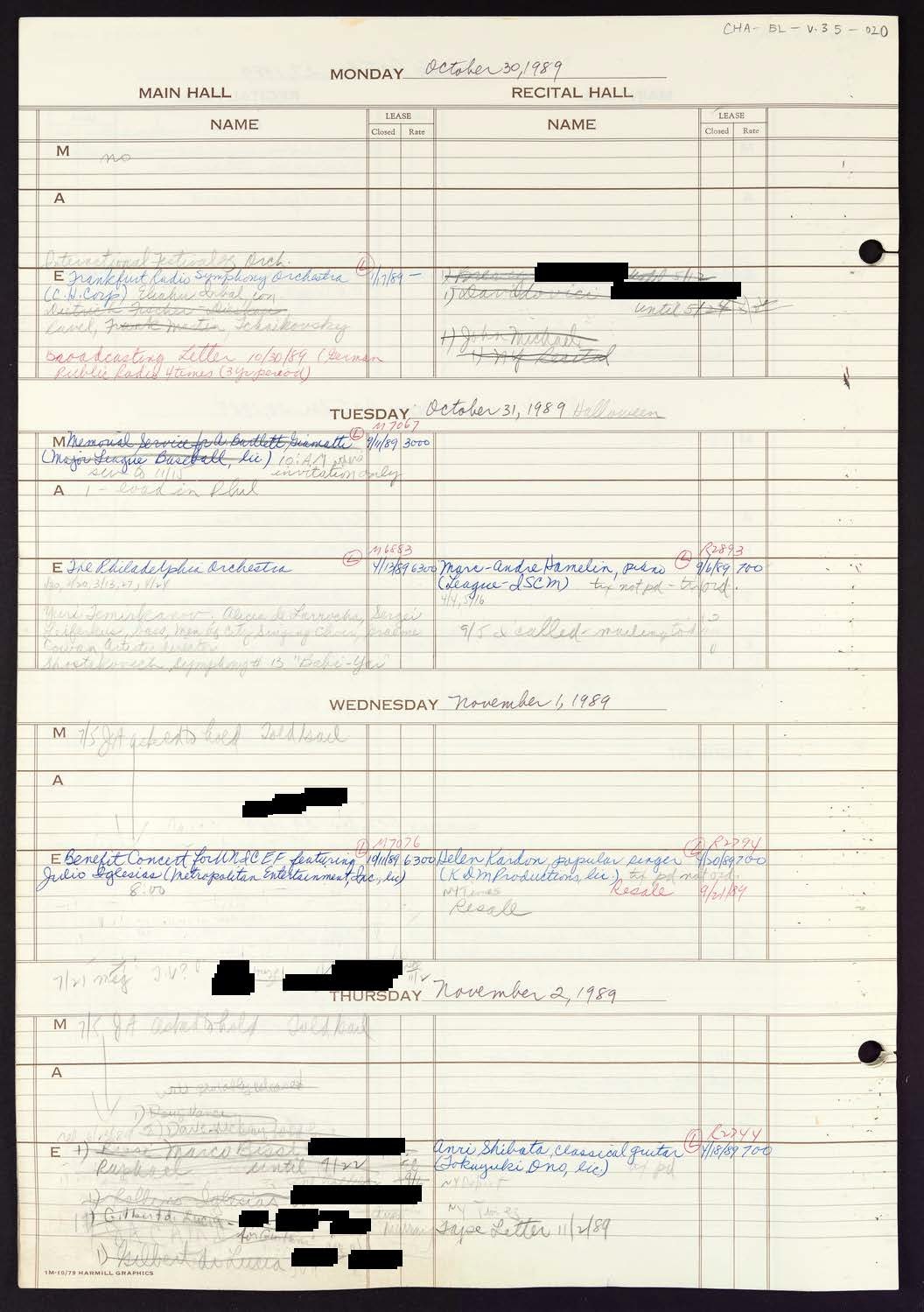 Carnegie Hall Booking Ledger, volume 35, page 20