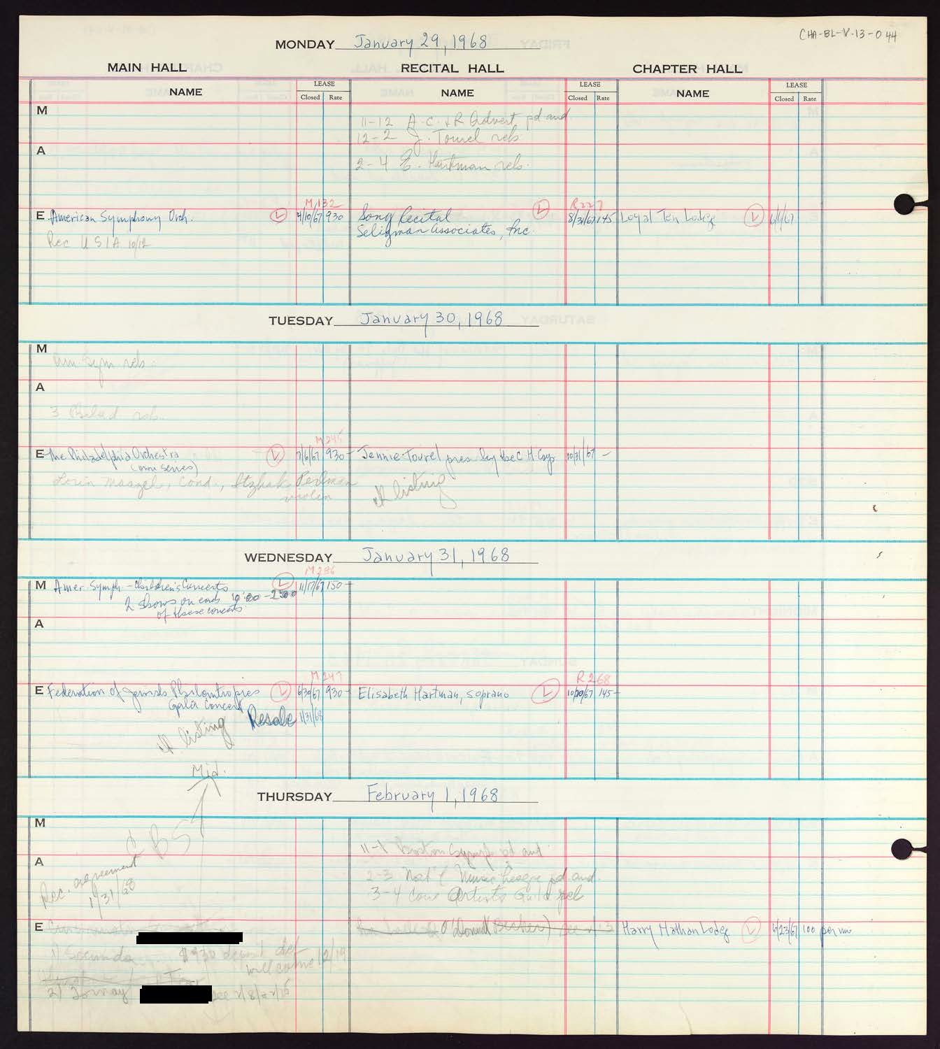 Carnegie Hall Booking Ledger, volume 13, page 44