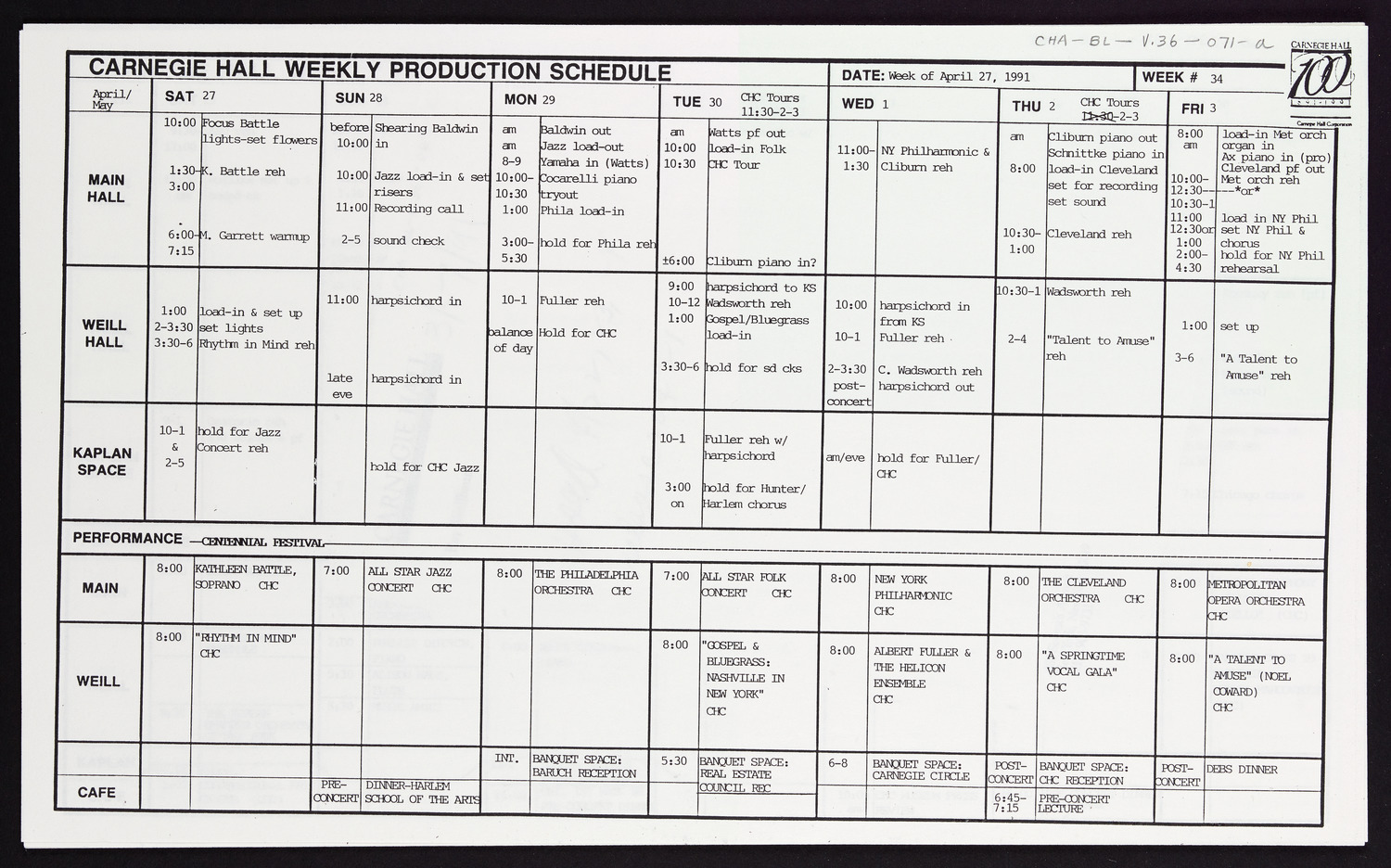 Carnegie Hall Booking Ledger, volume 36, page 71a