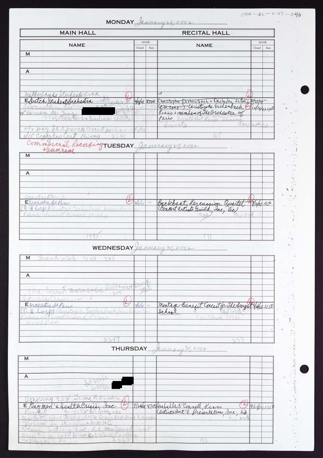 Carnegie Hall Booking Ledger, volume 47, page 46