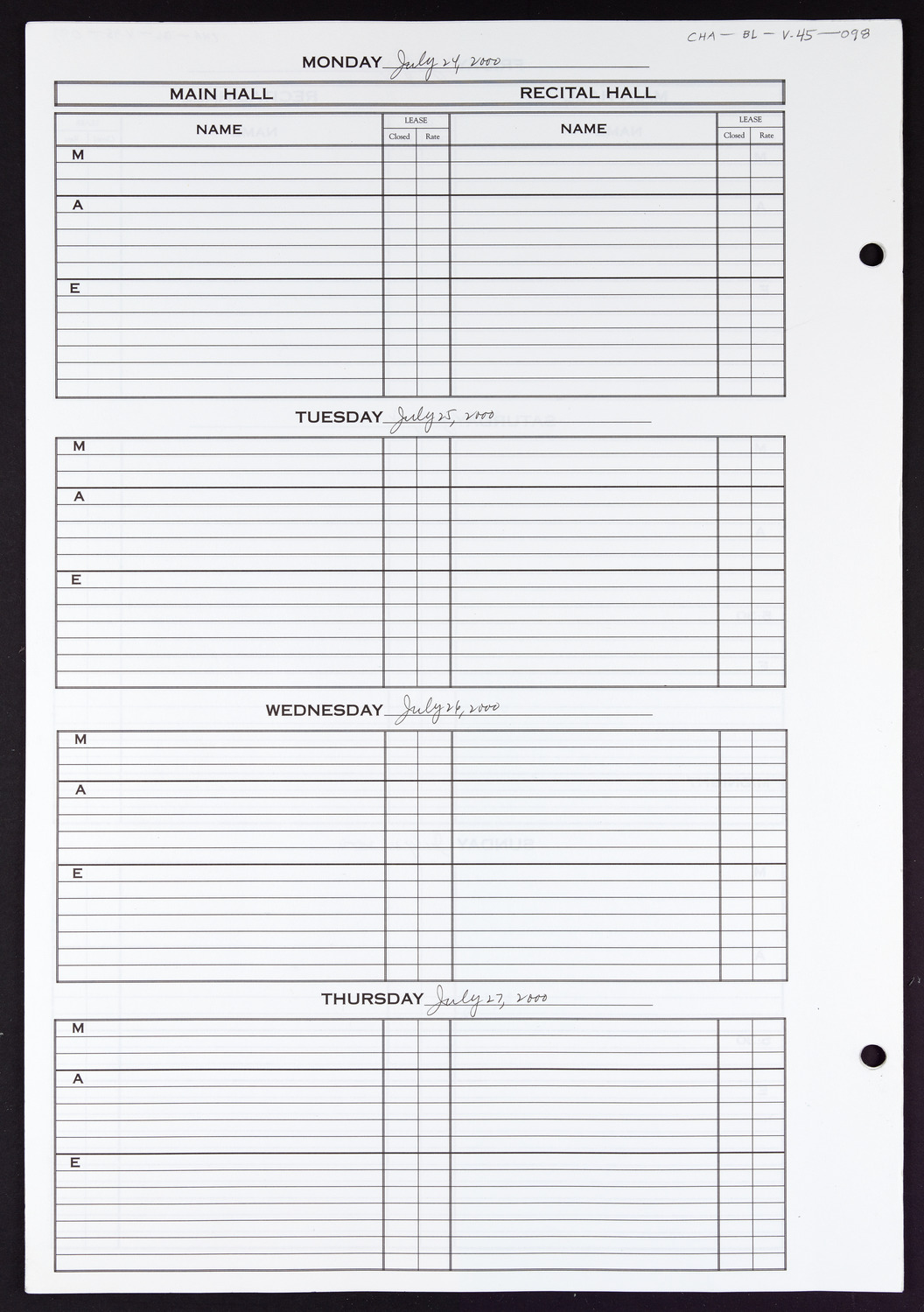 Carnegie Hall Booking Ledger, volume 45, page 98