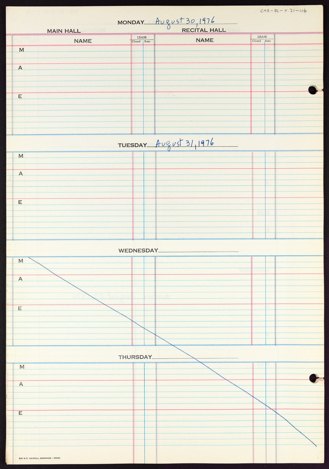 Carnegie Hall Booking Ledger, volume 21, page 106