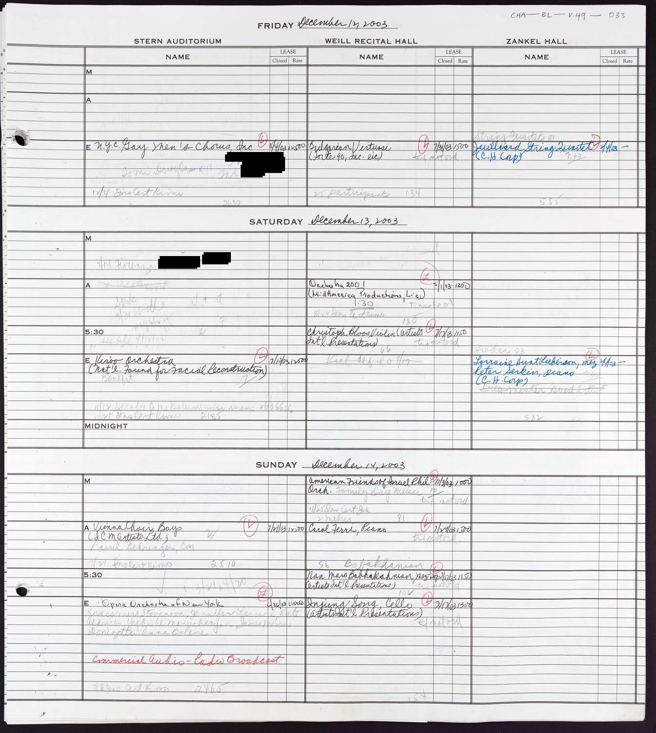 Carnegie Hall Booking Ledger, volume 49, page 33