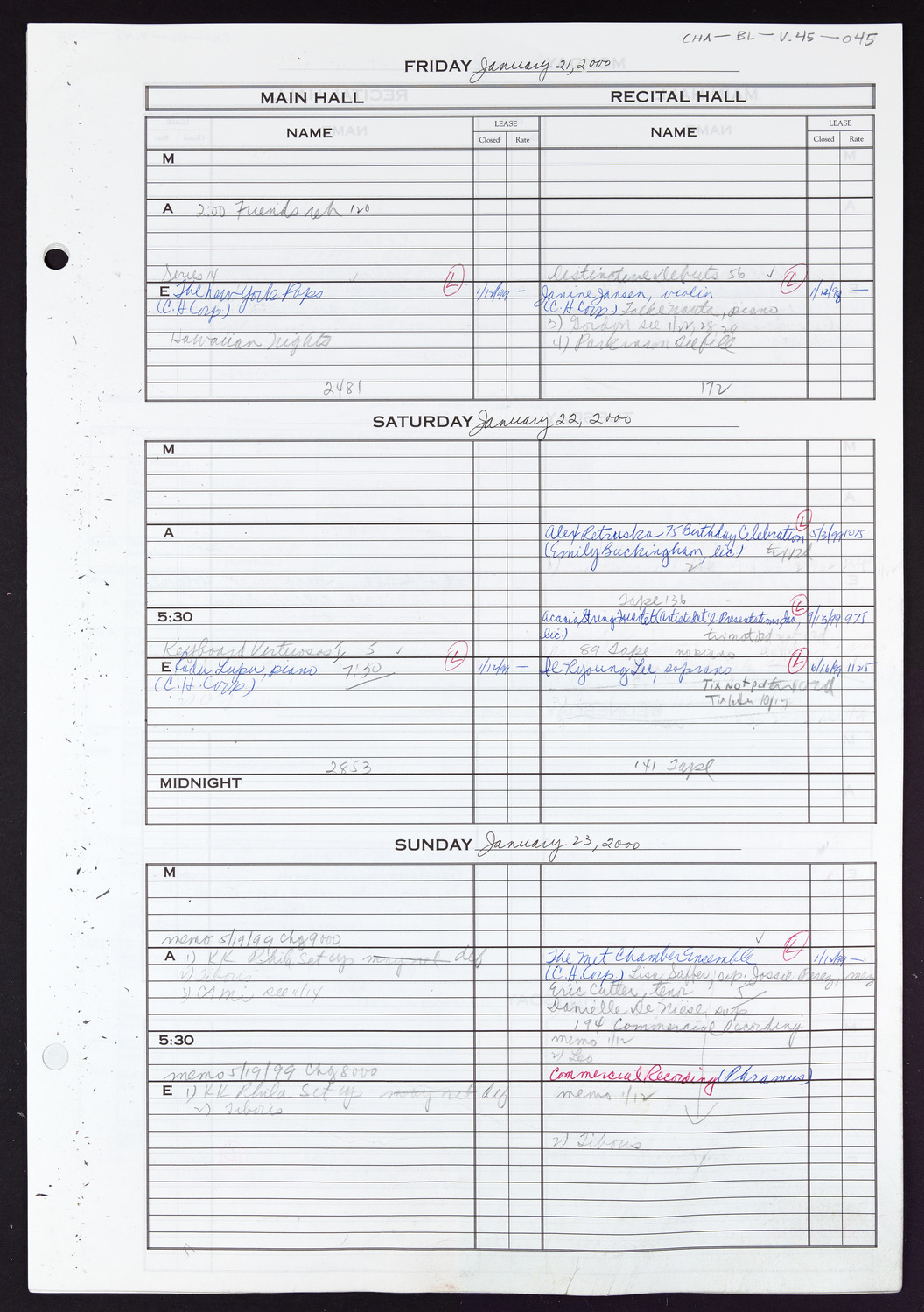 Carnegie Hall Booking Ledger, volume 45, page 45