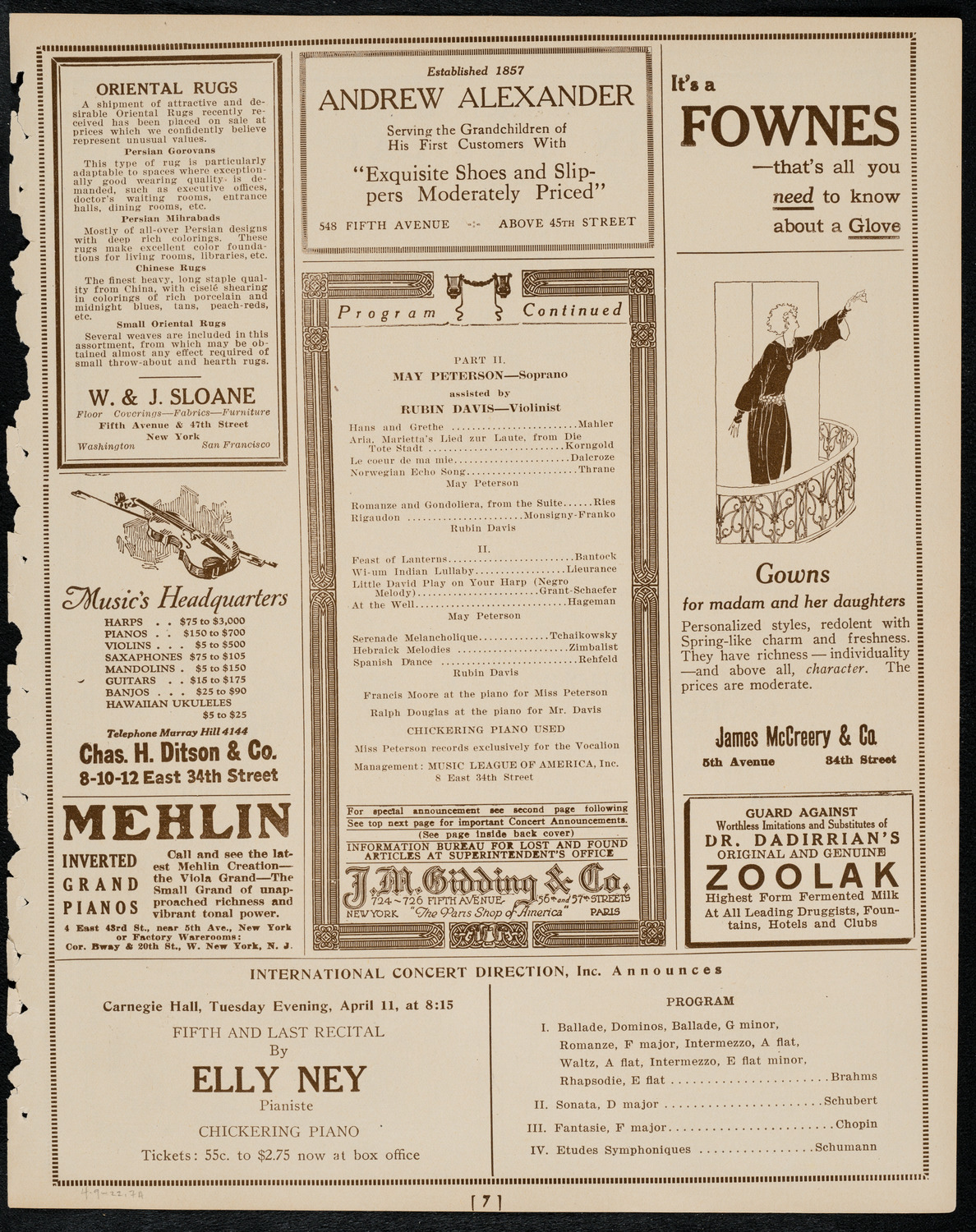 Germaine Schnitzer, Piano, with May Peterson, Soprano, and Rubin Davis, Violin, April 9, 1922, program page 7