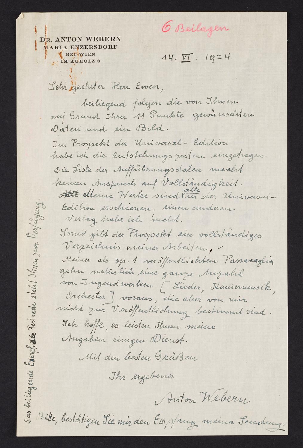 Correspondence from Anton Webern to David Ewen, page 1 of 6