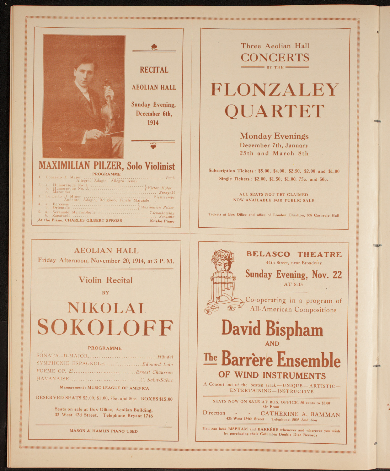 Efrem Zimbalist, Violin, November 14, 1914, program page 10