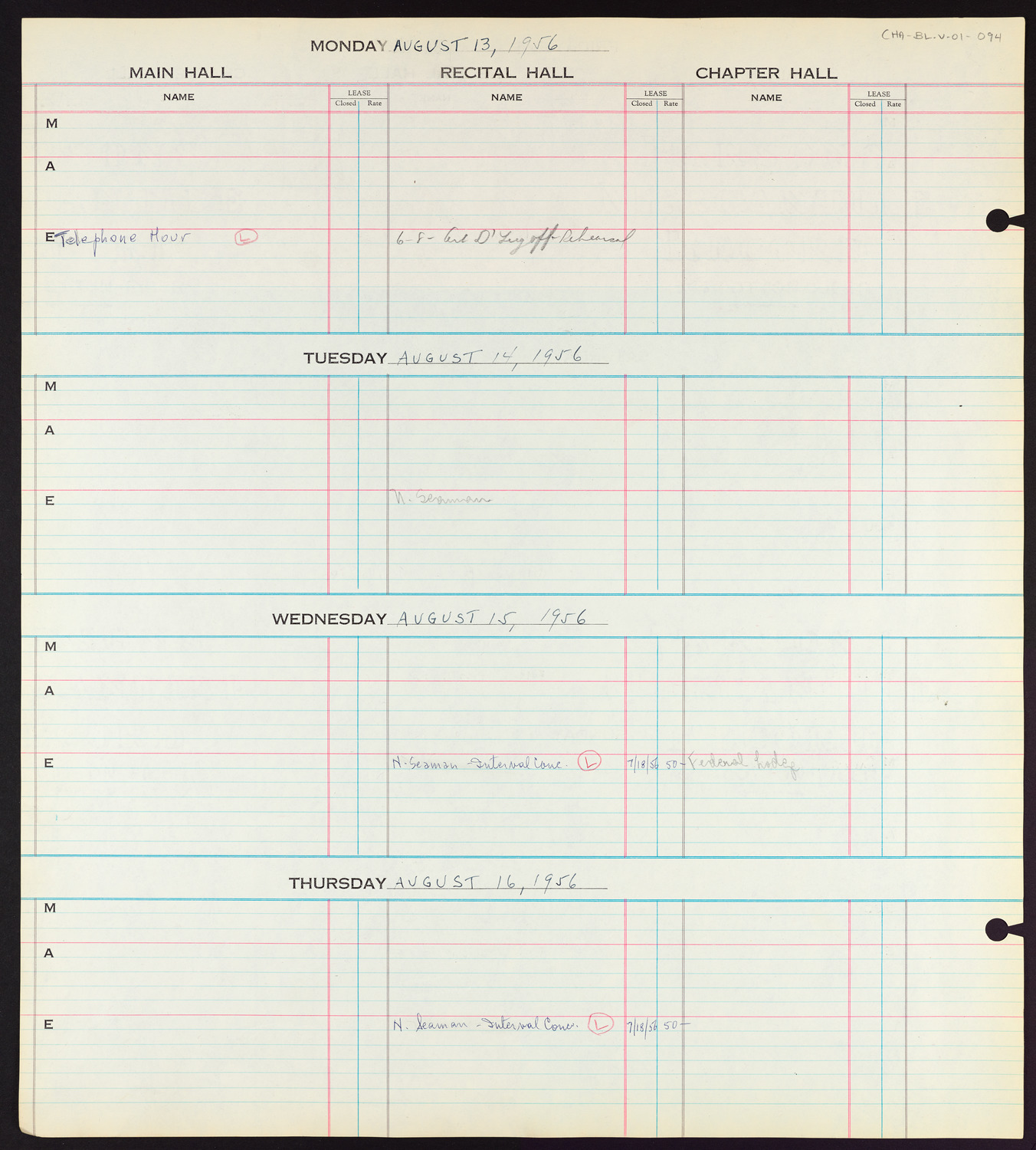 Carnegie Hall Booking Ledger, volume 1, page 94