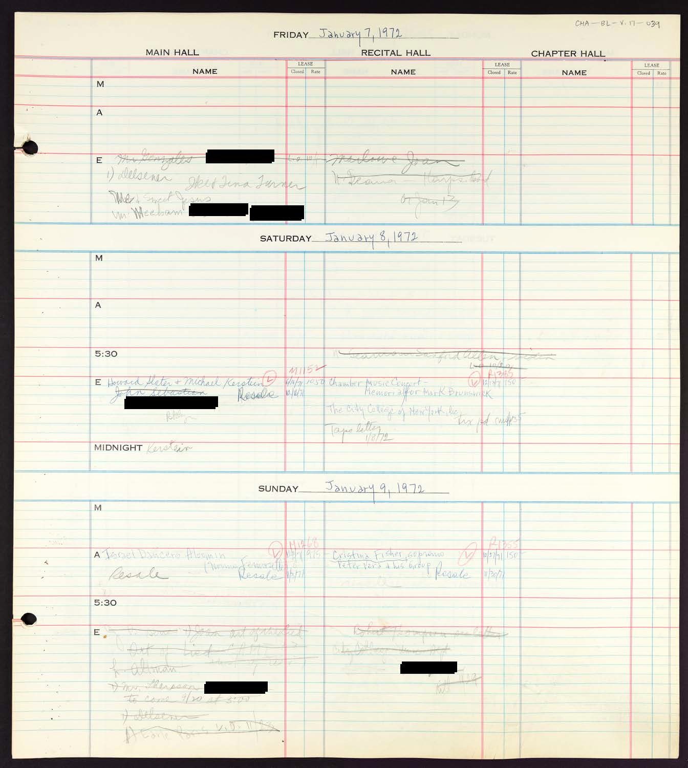 Carnegie Hall Booking Ledger, volume 17, page 39