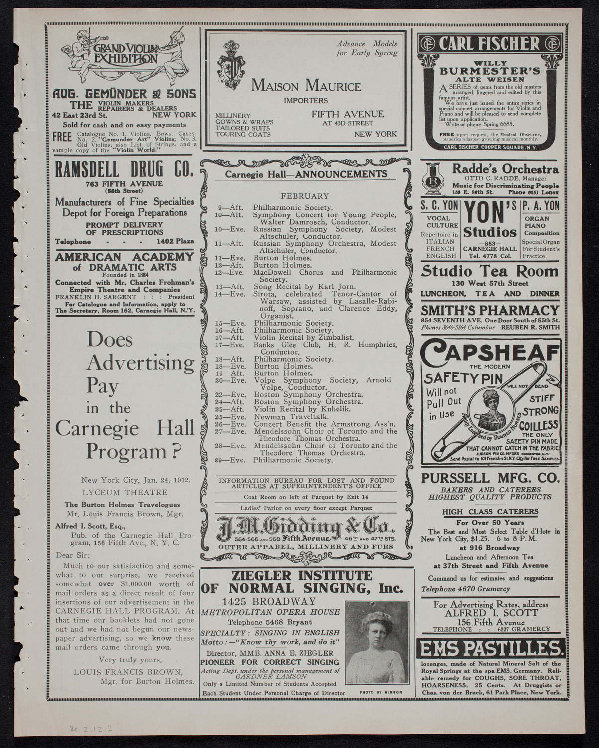 New York Philharmonic, February 8, 1912, program page 3