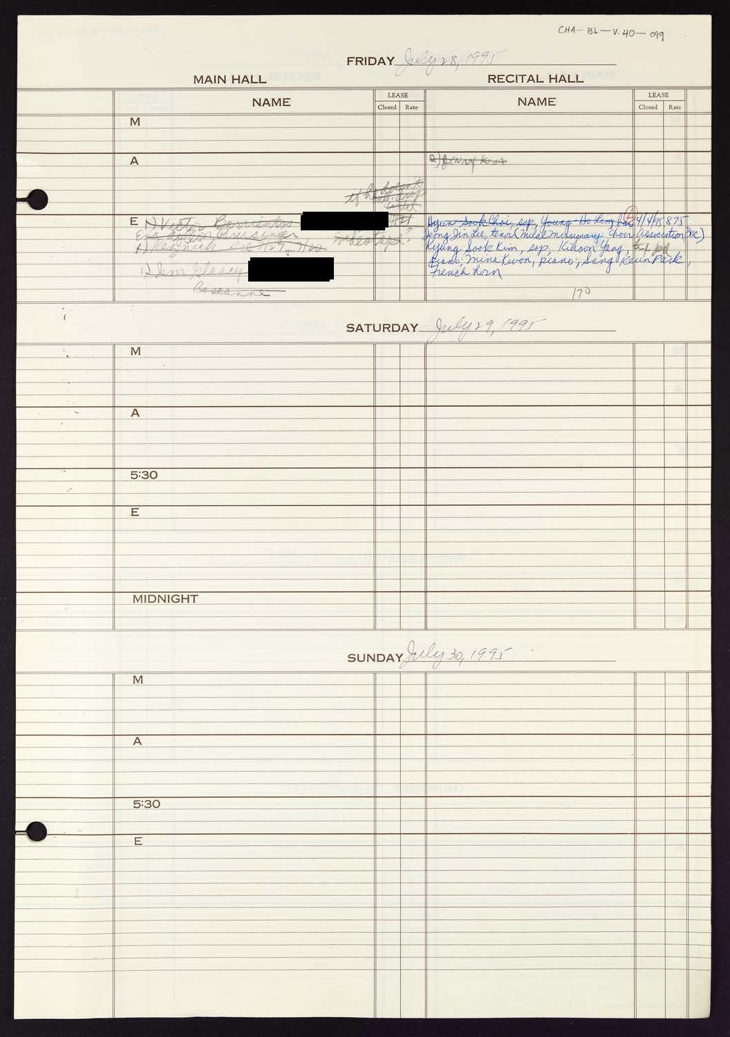 Carnegie Hall Booking Ledger, volume 40, page 99