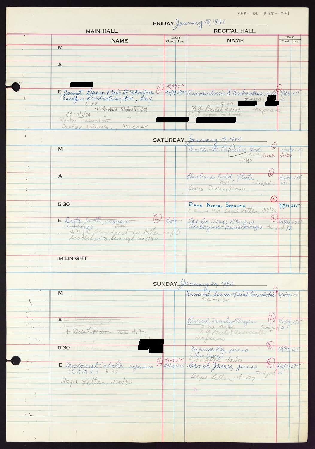 Carnegie Hall Booking Ledger, volume 25, page 41